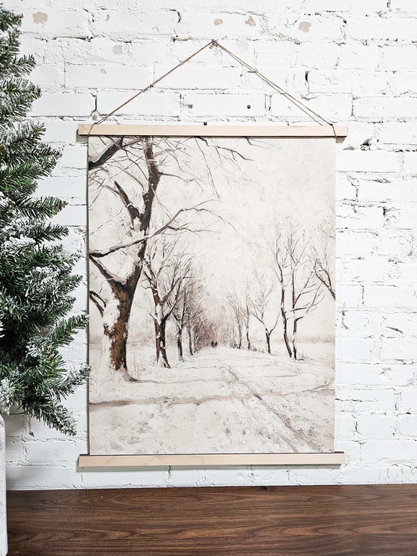 Winter Scene Wall Hanging Canvas, Snowy Trees, Cozy Christmas Vintage, Nostalgic Feel, Framed Wood & Rope, Simple, Easy to hang Lightweight