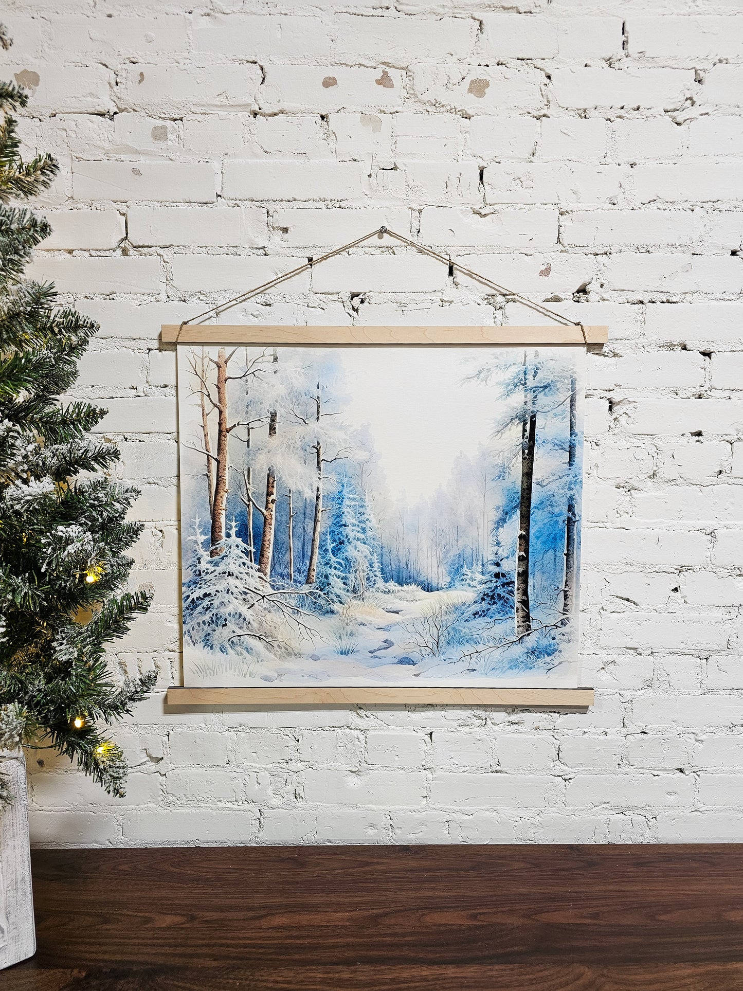 Winter Landscape Wall Art, Snow Draped Trees, Hanging Framed Canvas Decor Sign, Snowy Trail, Simple Minimal, Peaceful Home Decoration