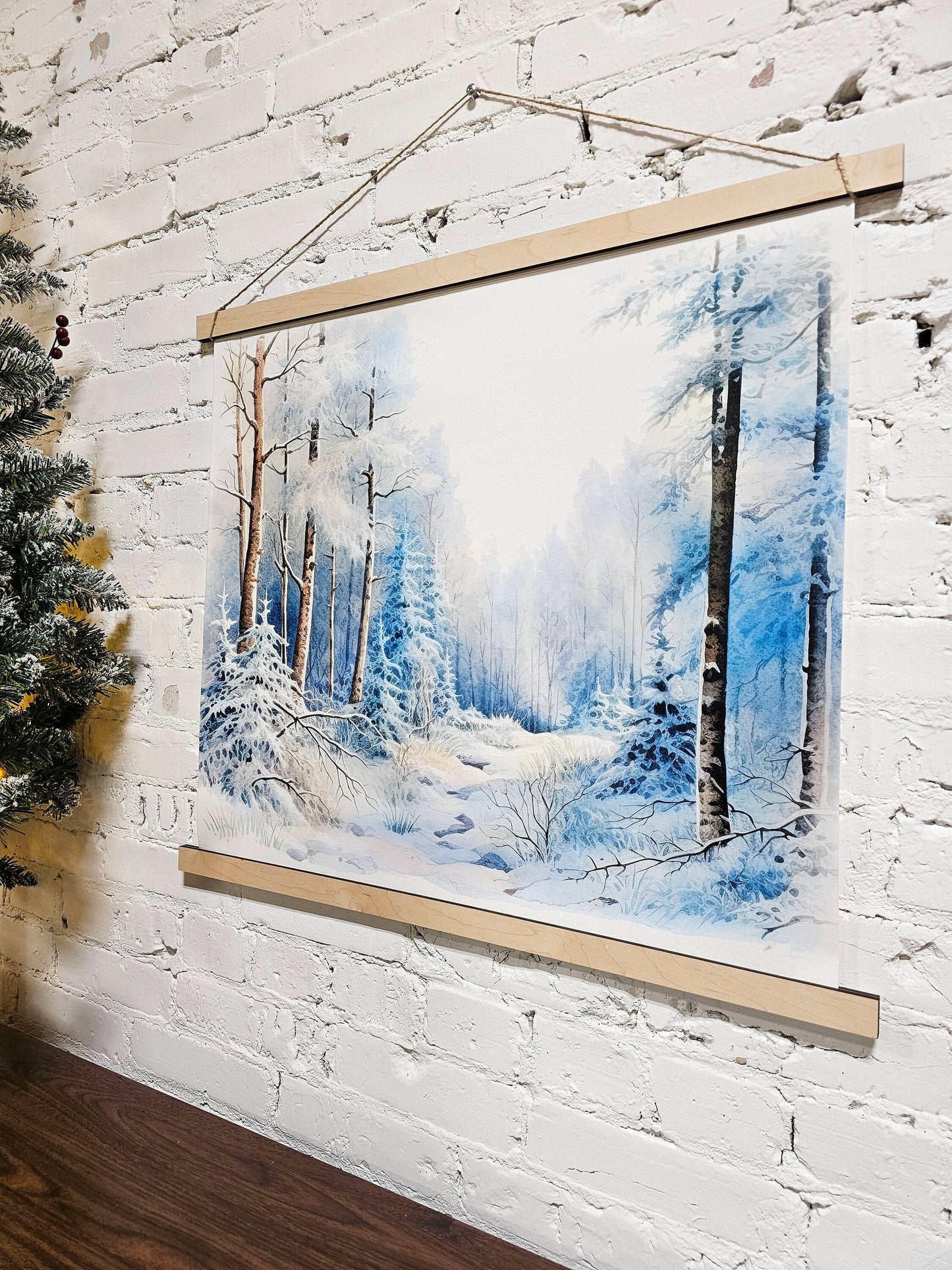 Winter Landscape Wall Art, Snow Draped Trees, Hanging Framed Canvas Decor Sign, Snowy Trail, Simple Minimal, Peaceful Home Decoration
