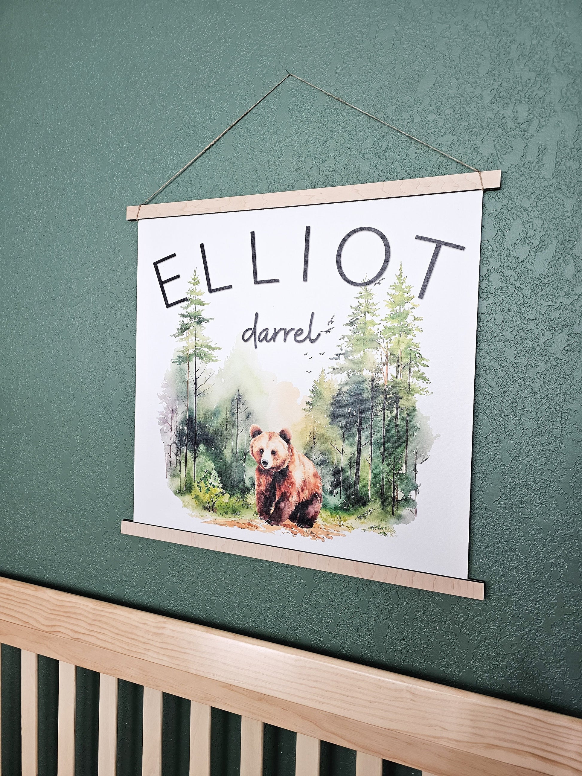 Custom Nursery Name Banner, Woodland animals Decor, Personalized with first middle names, Hanging Wall Art Printed Canvas, Kid's Room Sign