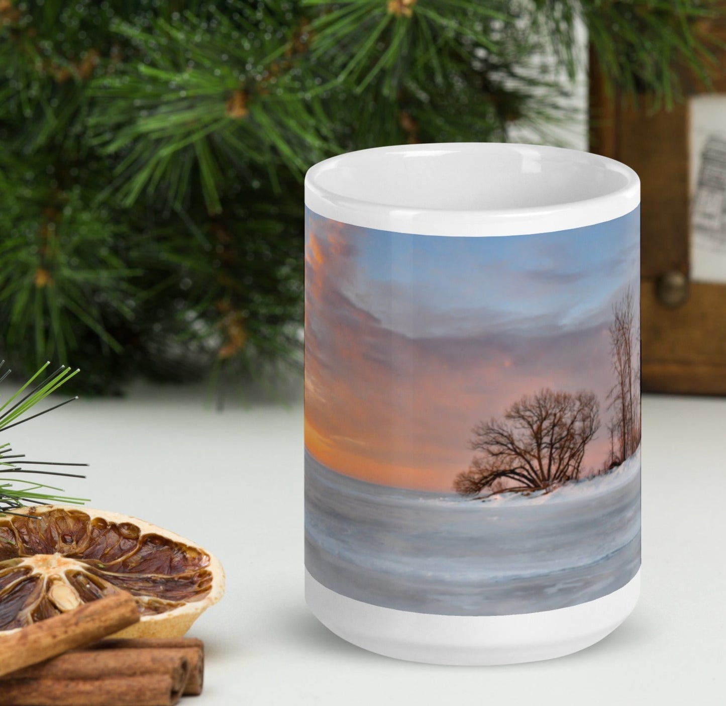 Escanaba Michigan Winter sunrise over Lake Michigan, Sand Point, Water Plant Road, Ludington Park view - Printed Mug