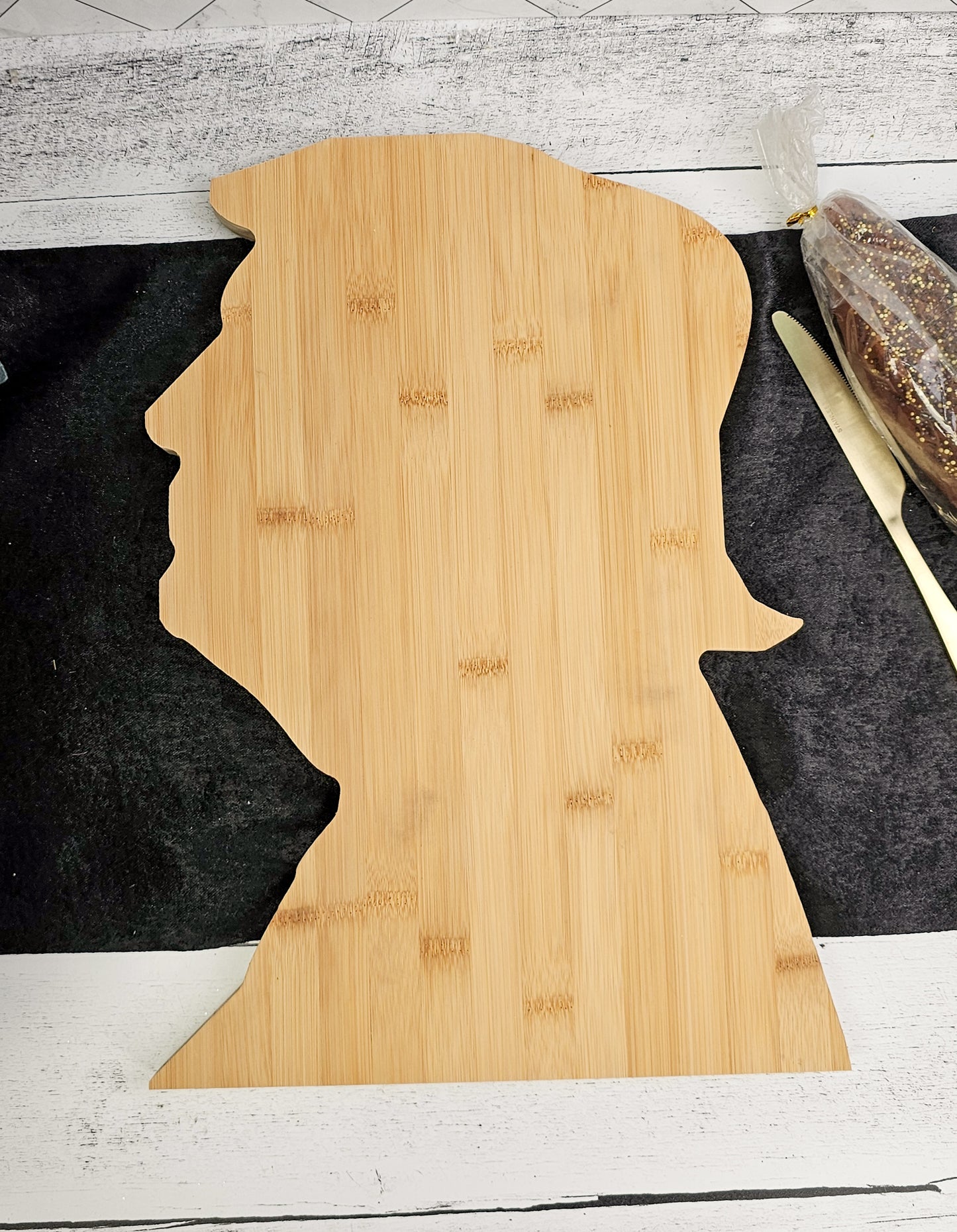 Trumpcuterie (charcuterie) bamboo cutting board, serving board in the shape of Donald Trump's character - Trump Gift