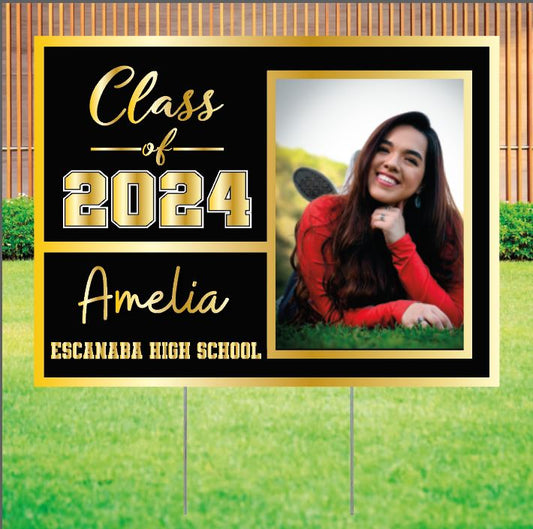 Class of 2024 Graduating Senior Yard Signs with Picture, Gold & Black, Silver & Black