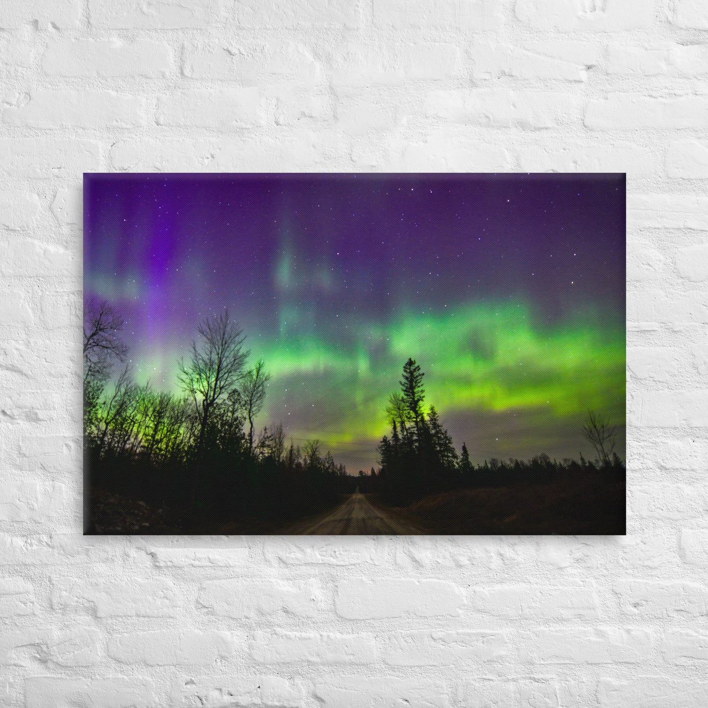 Northern Lights Canvas Print - Rustic Road & Pine Tree Silhouettes, Upper Peninsula Night Sky Art