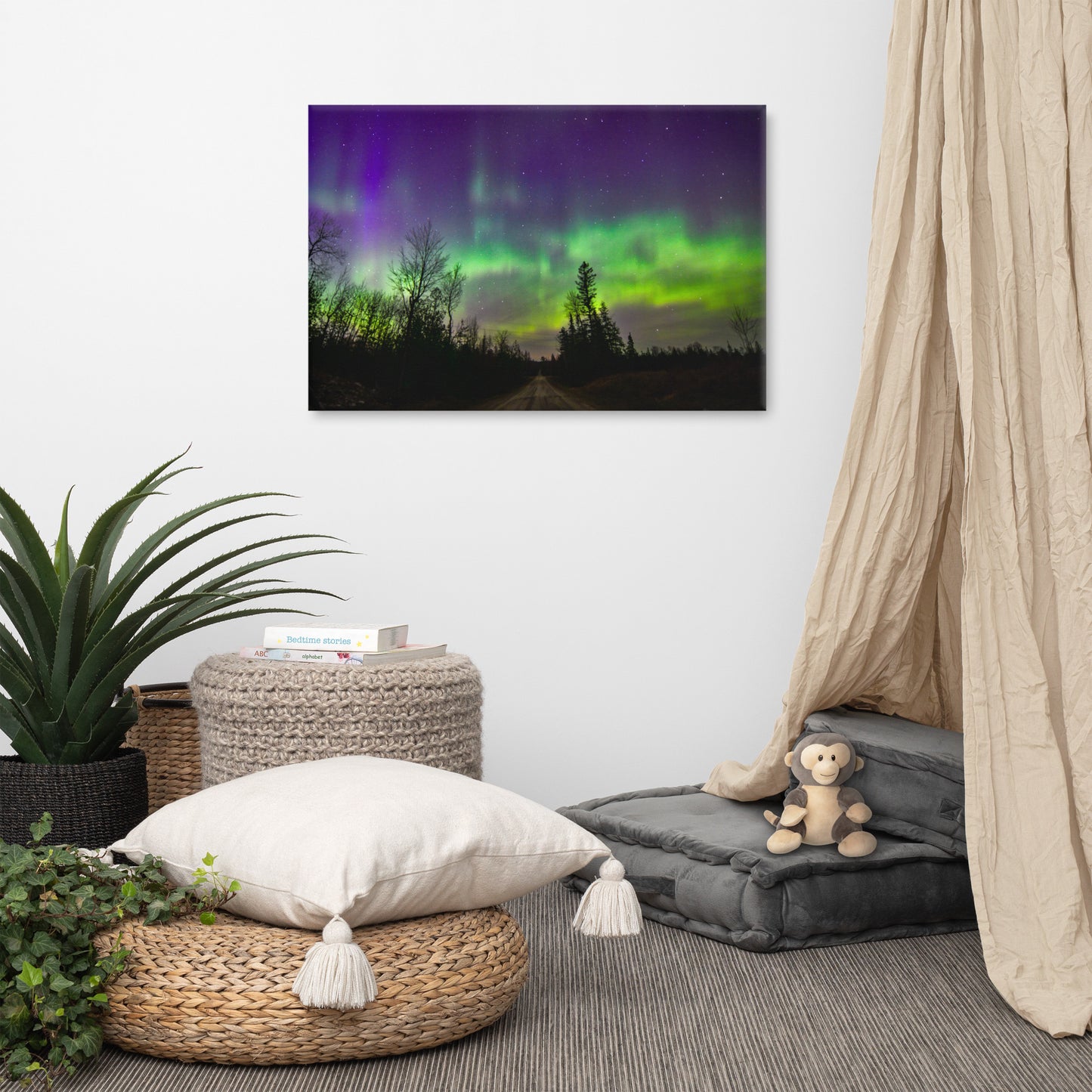 Northern Lights Canvas Print - Rustic Road & Pine Tree Silhouettes, Upper Peninsula Night Sky Art