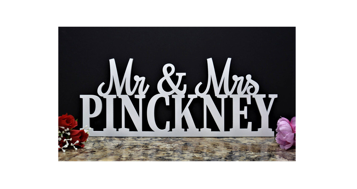 Custom Mr & Mrs Sign, Custom Wedding Name sign, All Capital letters Surname & Cursive Mr & Mrs, Personalized Last Name Sign, Sweetheart table Sign Head Table Decor, various sizes and colors available