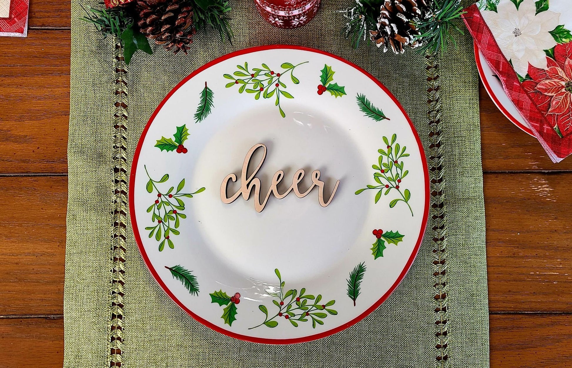 Cheer Place Cards, Christmas Plate setting cards, Christmas Wooden Word, Holiday Decor, Christmas Place settings, Small Wood Cheer Sign