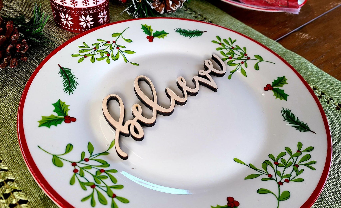 Believe Place Cards, Christmas Plate setting cards, Christmas Wooden Word, Holiday Decor, Christmas Place settings, Small Wood Believe Sign