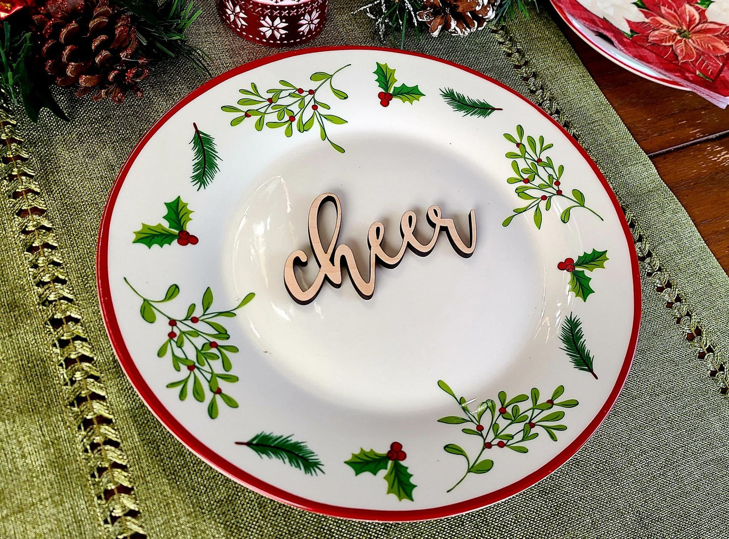 Cheer Place Cards, Christmas Plate setting cards, Christmas Wooden Word, Holiday Decor, Christmas Place settings, Small Wood Cheer Sign