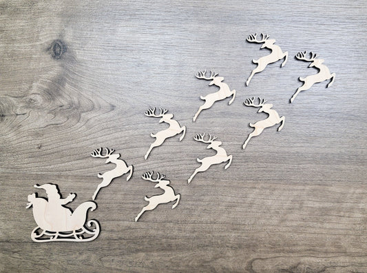 Santa Sleigh & Reindeer Wood Shapes, Wooden Christmas Shape, Unfinished, DIY Blank, Santas Reindeer, Wood Arts and Crafts, Holiday Ornaments