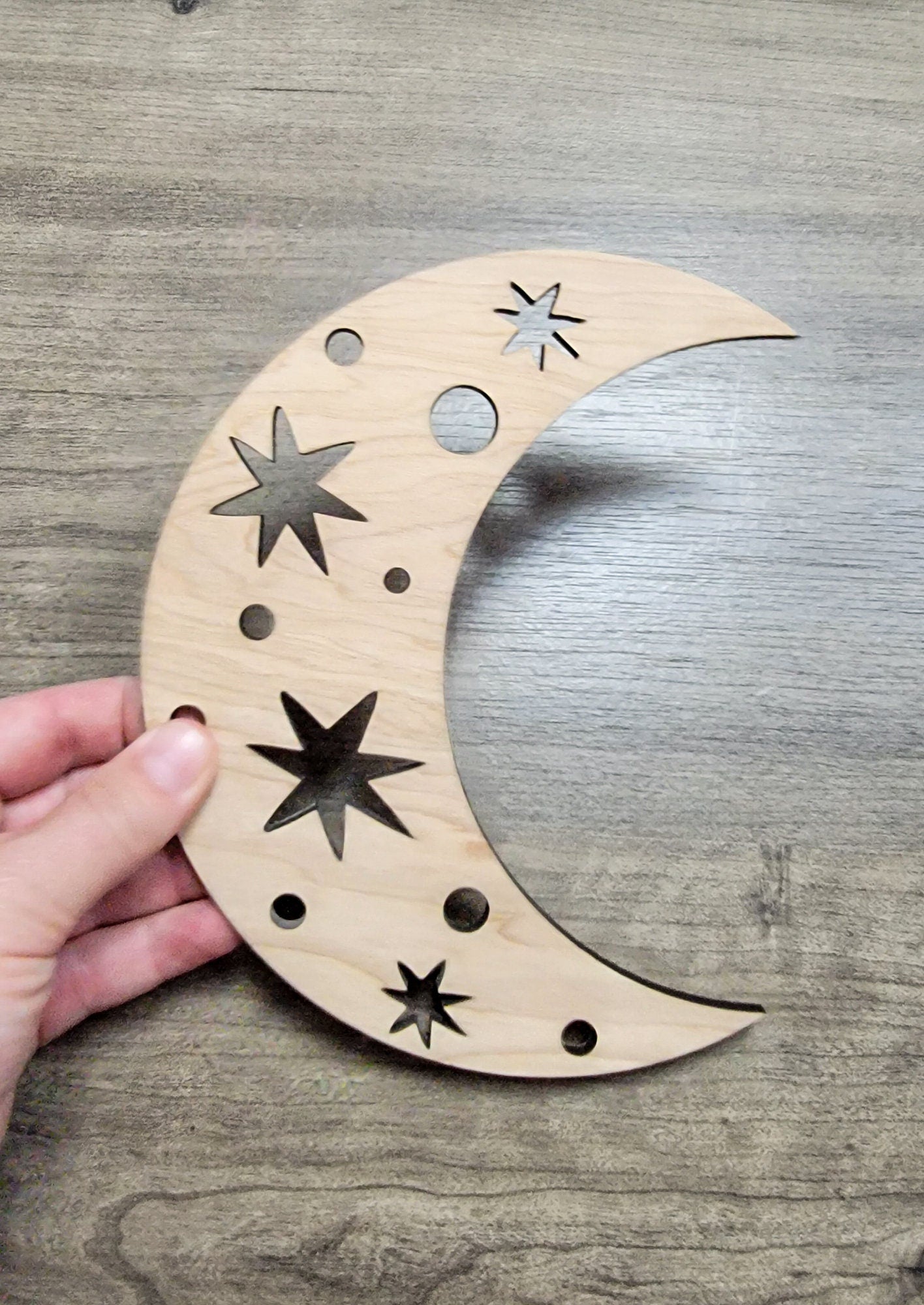 Crescent Moon & Stars Wood Shape Sign, Wooden Moon Shape Blank, Unfinished Cut out, Crafts DIY for Sign Making, Boho Decor theme Natural 003