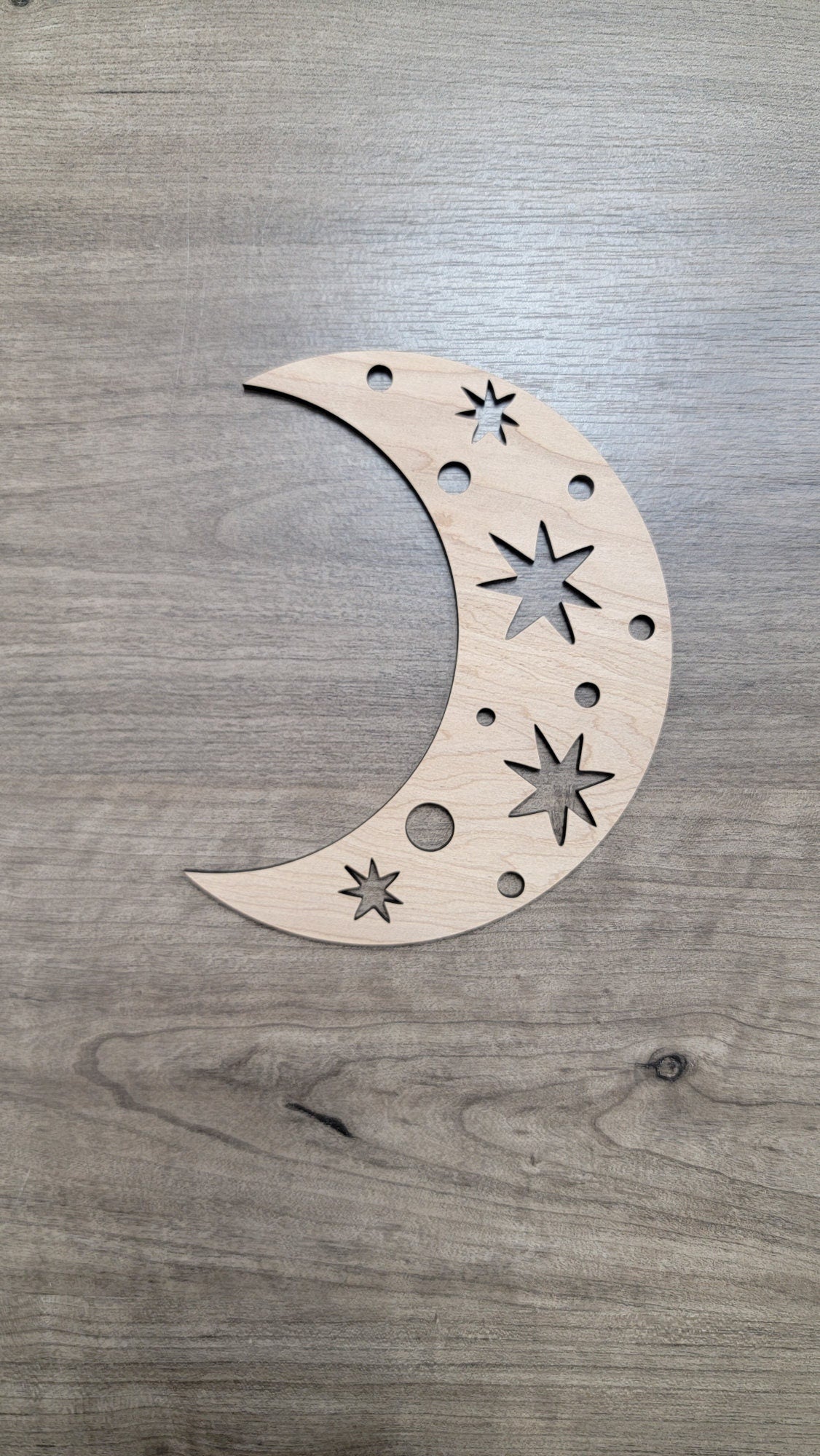 Crescent Moon & Stars Wood Shape Sign, Wooden Moon Shape Blank, Unfinished Cut out, Crafts DIY for Sign Making, Boho Decor theme Natural 003