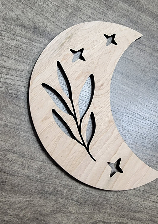 Crescent Moon + Leaf Wood Shape Sign, Wooden Moon Shape Blank, Unfinished Cut out, Crafts DIY for Sign Making, Boho Decor theme Natural 005