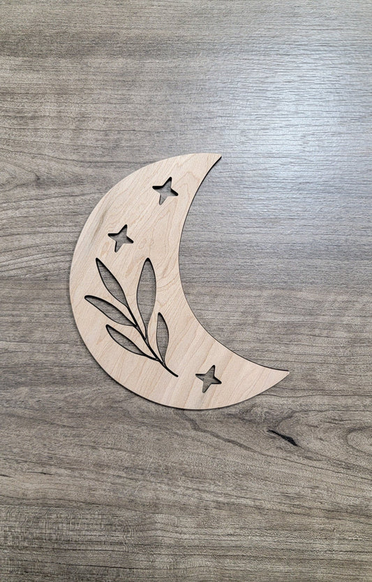 Crescent Moon + Leaf Wood Shape Sign, Wooden Moon Shape Blank, Unfinished Cut out, Crafts DIY for Sign Making, Boho Decor theme Natural 005
