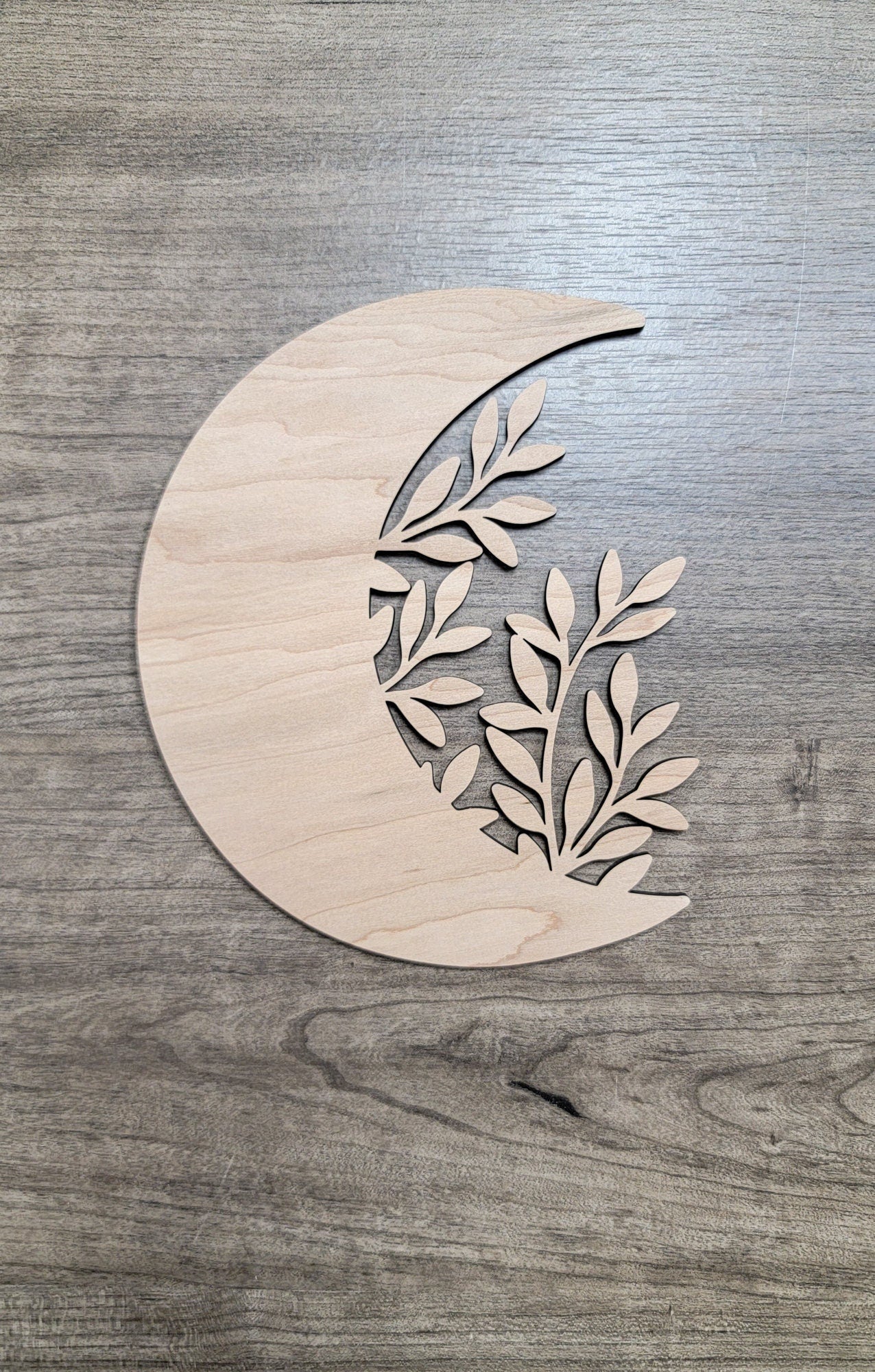 Crescent Moon + Leaf Wood Shape Sign, Wooden Moon Shape Blank, Unfinished Cut out, Crafts DIY for Sign Making, Boho Decor theme Natural 005