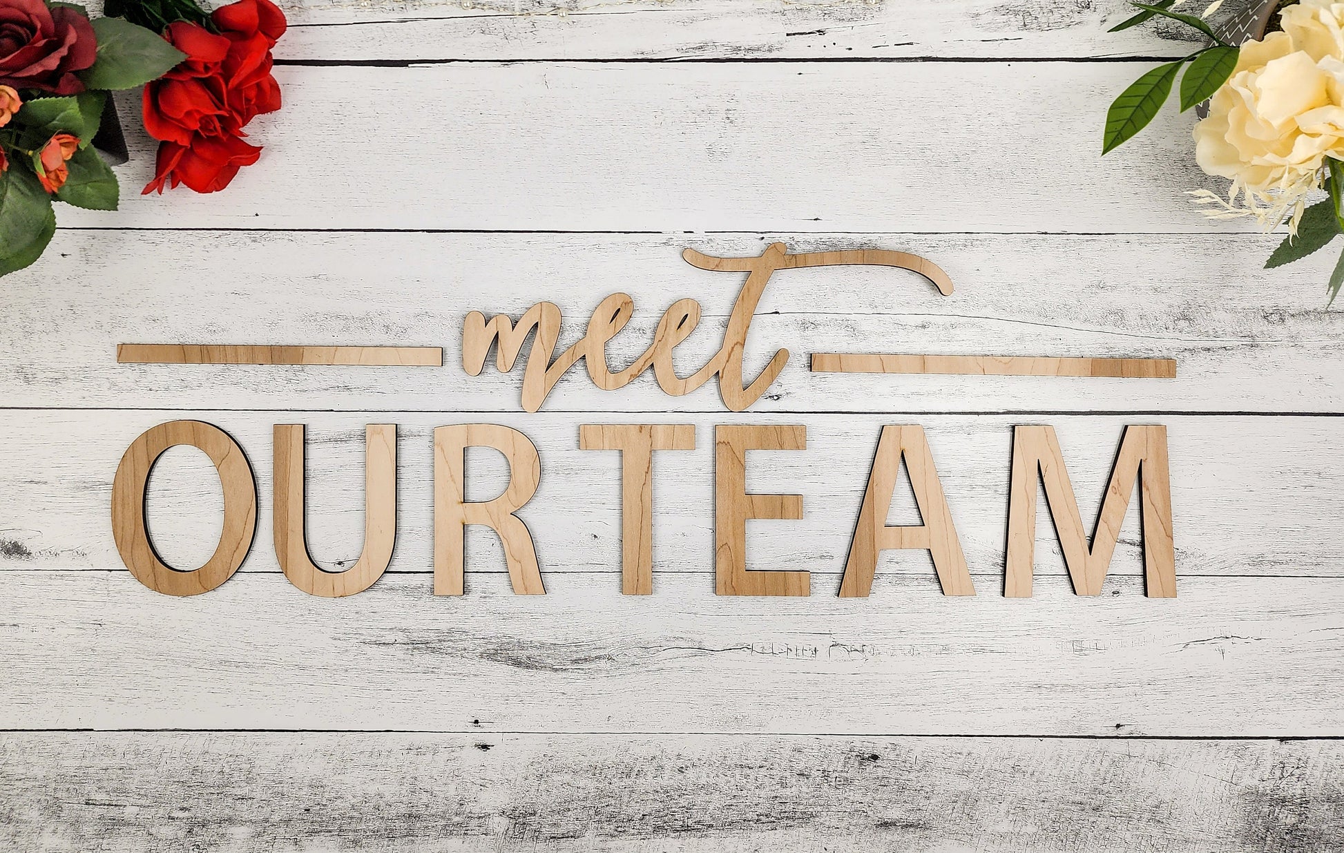 meet OUR TEAM custom sign, painted black, as pictured, cut from maple mdf (1/4" thickness), separate pieces as pictured