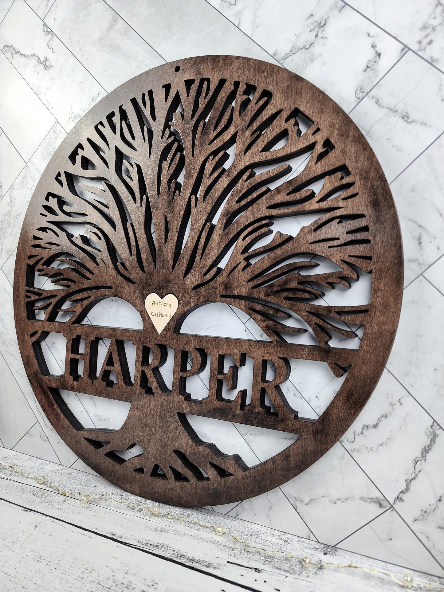 Tree Of Life Wood Sign, Custom Wall Art with Family Tree with Last Name, Wooden Circle with Tree, Roots, Heart, Mothers or Fathers Day Gift