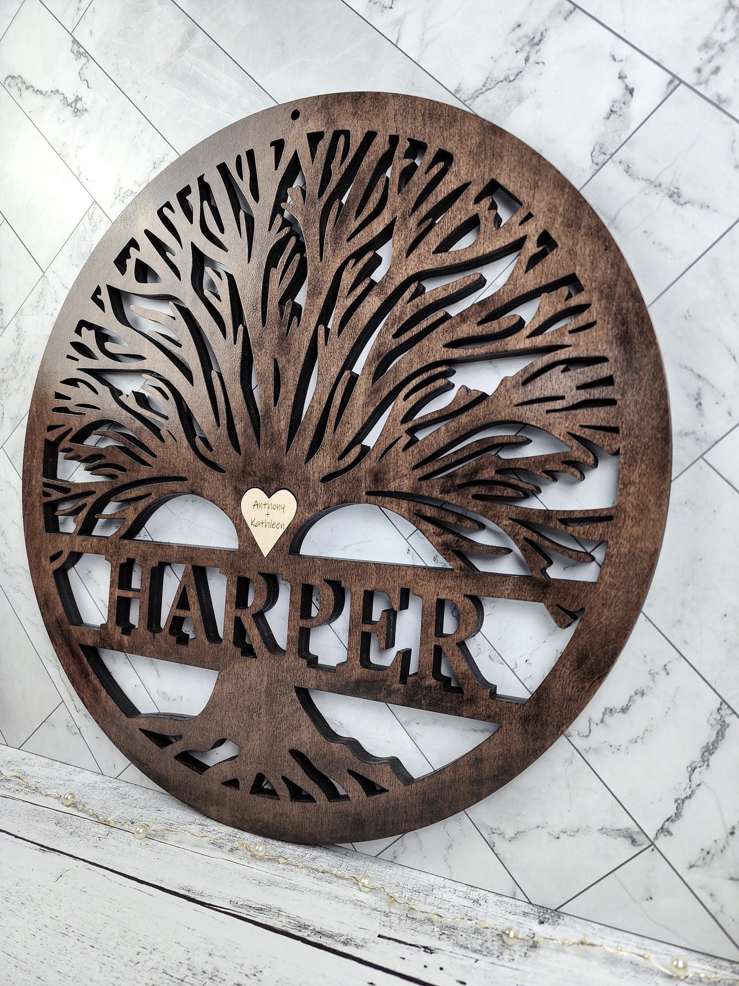Tree Of Life Wood Sign, Custom Wall Art with Family Tree with Last Name, Wooden Circle with Tree, Roots, Heart, Mothers or Fathers Day Gift
