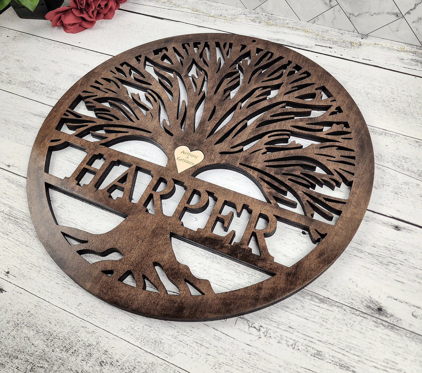 Tree Of Life Wood Sign, Custom Wall Art with Family Tree with Last Name, Wooden Circle with Tree, Roots, Heart, Mothers or Fathers Day Gift