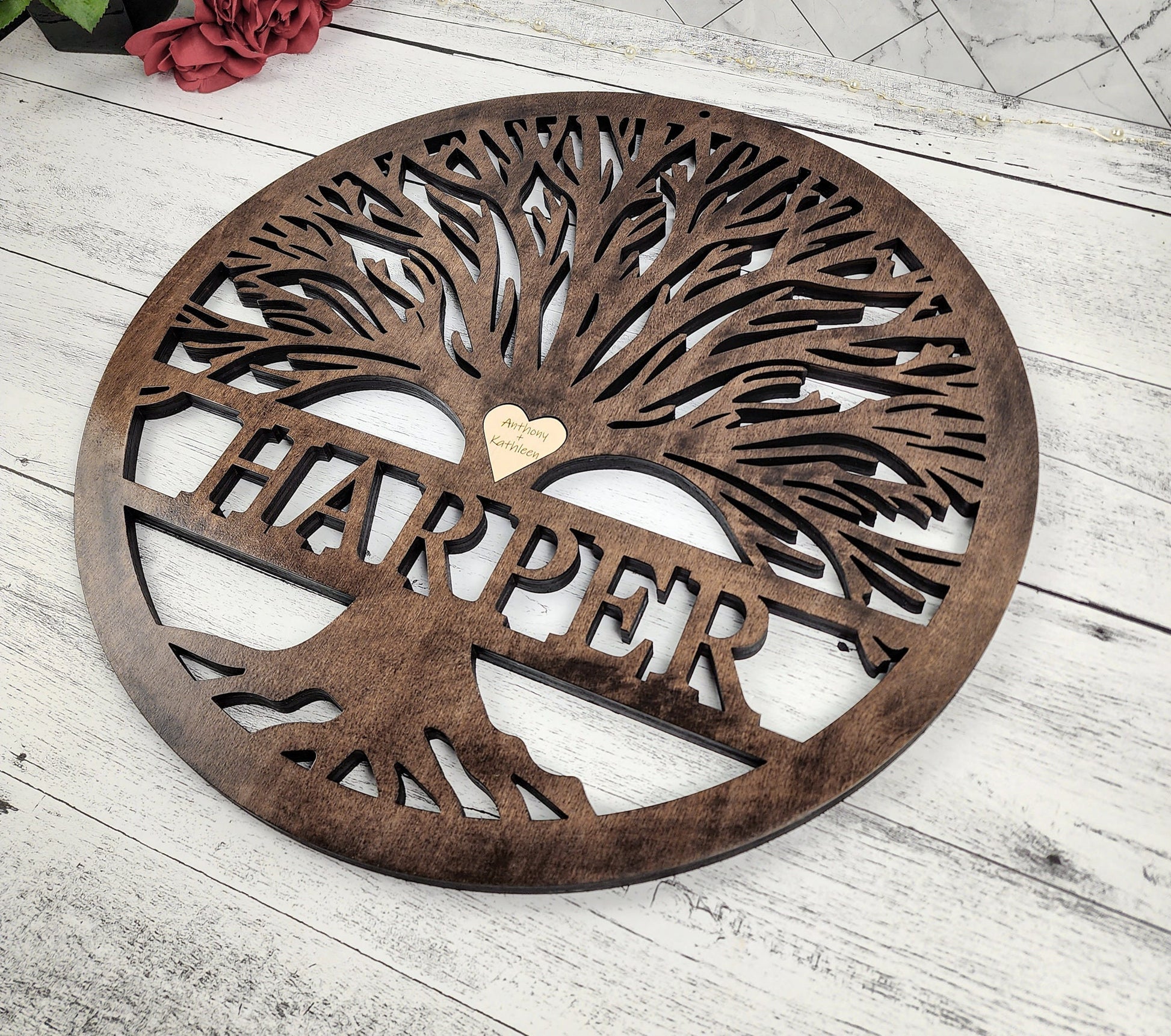 Tree Of Life Wood Sign, Custom Wall Art with Family Tree with Last Name, Wooden Circle with Tree, Roots, Heart, Mothers or Fathers Day Gift