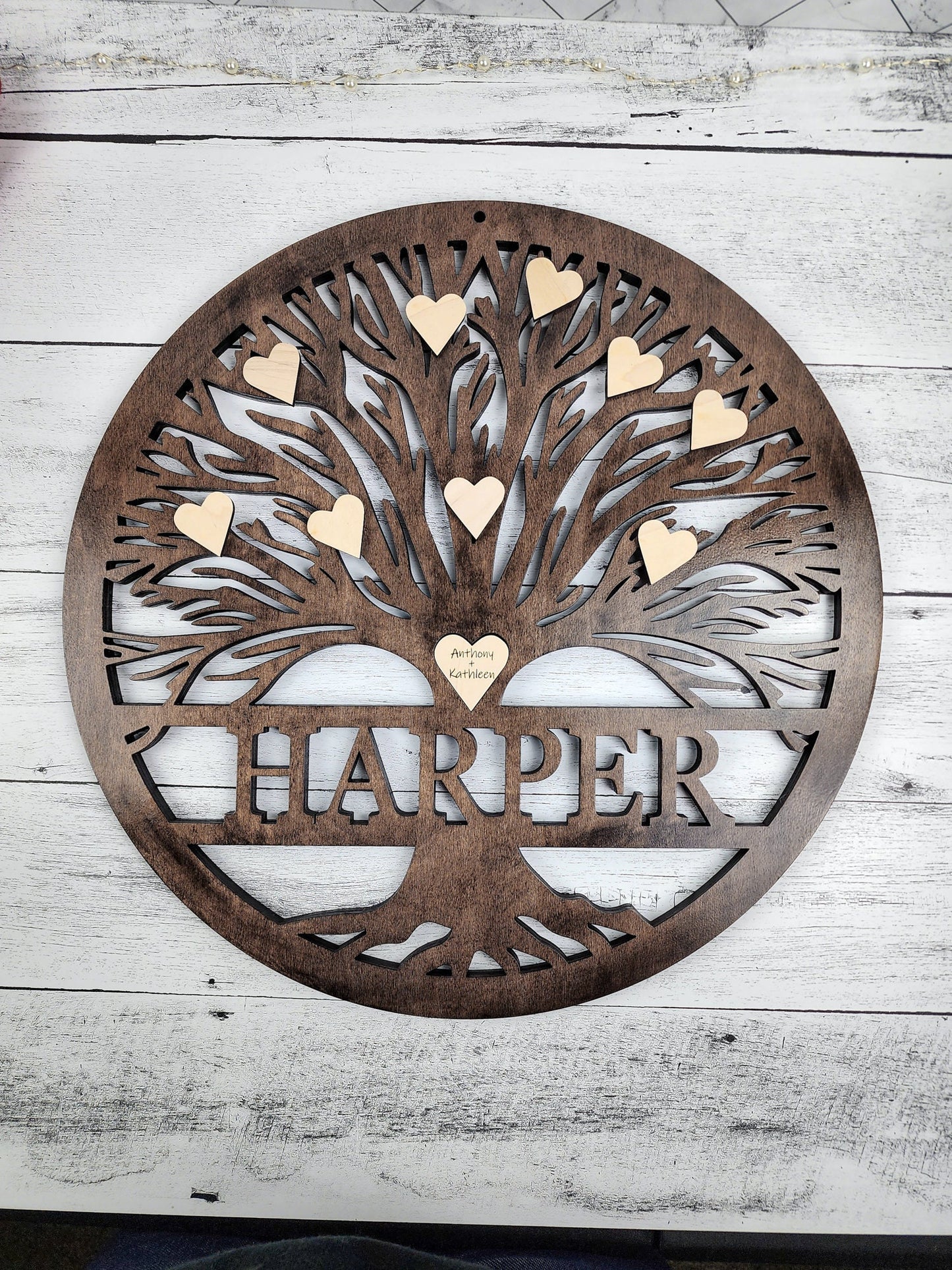 Tree Of Life Wood Sign, Custom Wall Art with Family Tree with Last Name, Wooden Circle with Tree, Roots, Heart, Mothers or Fathers Day Gift