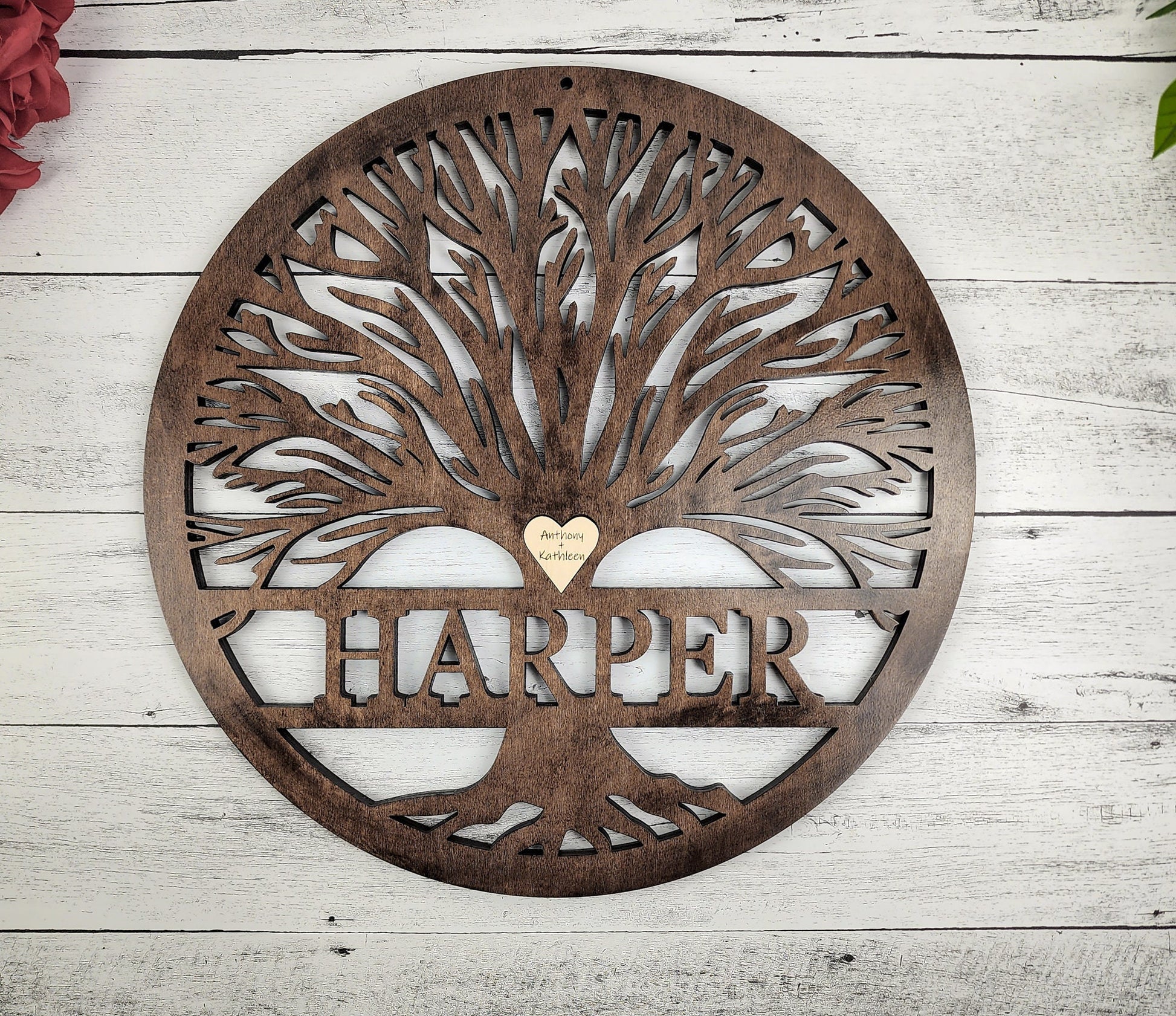 Tree Of Life Wood Sign, Custom Wall Art with Family Tree with Last Name, Wooden Circle with Tree, Roots, Heart, Mothers or Fathers Day Gift