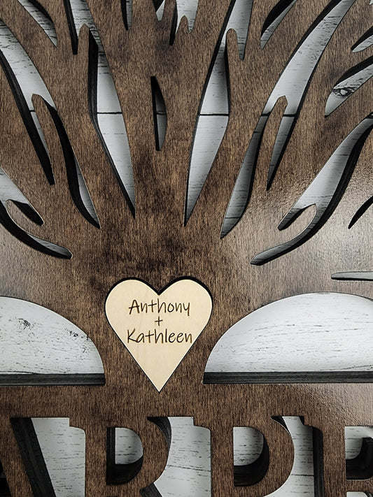 Tree Of Life Wood Sign, Custom Wall Art with Family Tree with Last Name, Wooden Circle with Tree, Roots, Heart, Mothers or Fathers Day Gift