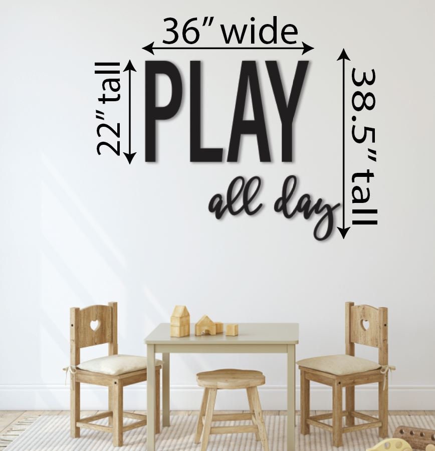 PLAY all day playroom kids sign decor, toy room wall sign wood wall art, recreational room signage, custom wood cut out words & letters