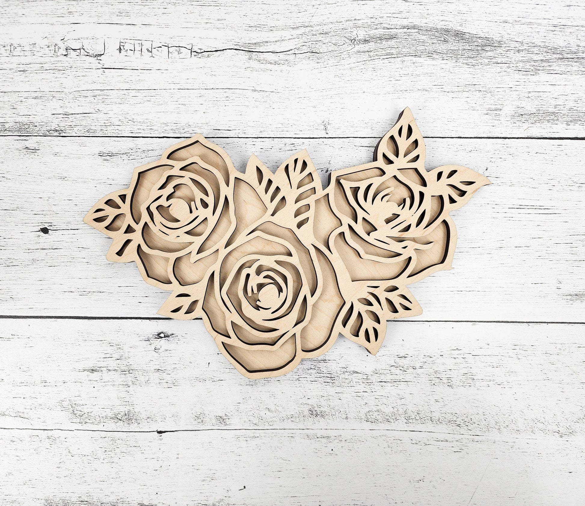 Wood Floral Rose Cut out, Flower shapes with leaves, Wooden floral pattern for signs, flowery blanks for crafts, unfinished DIY, sign making