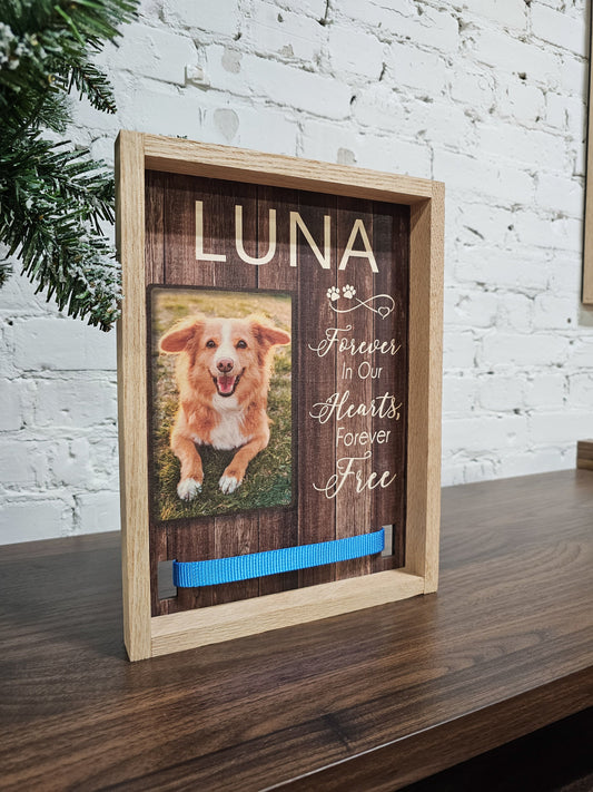Custom Pet Loss Memorial Gift, Personalized with Name & Photo Wooden Sign with spot for Collar for Dogs, Cats, Keepsake Framed Wall Sign