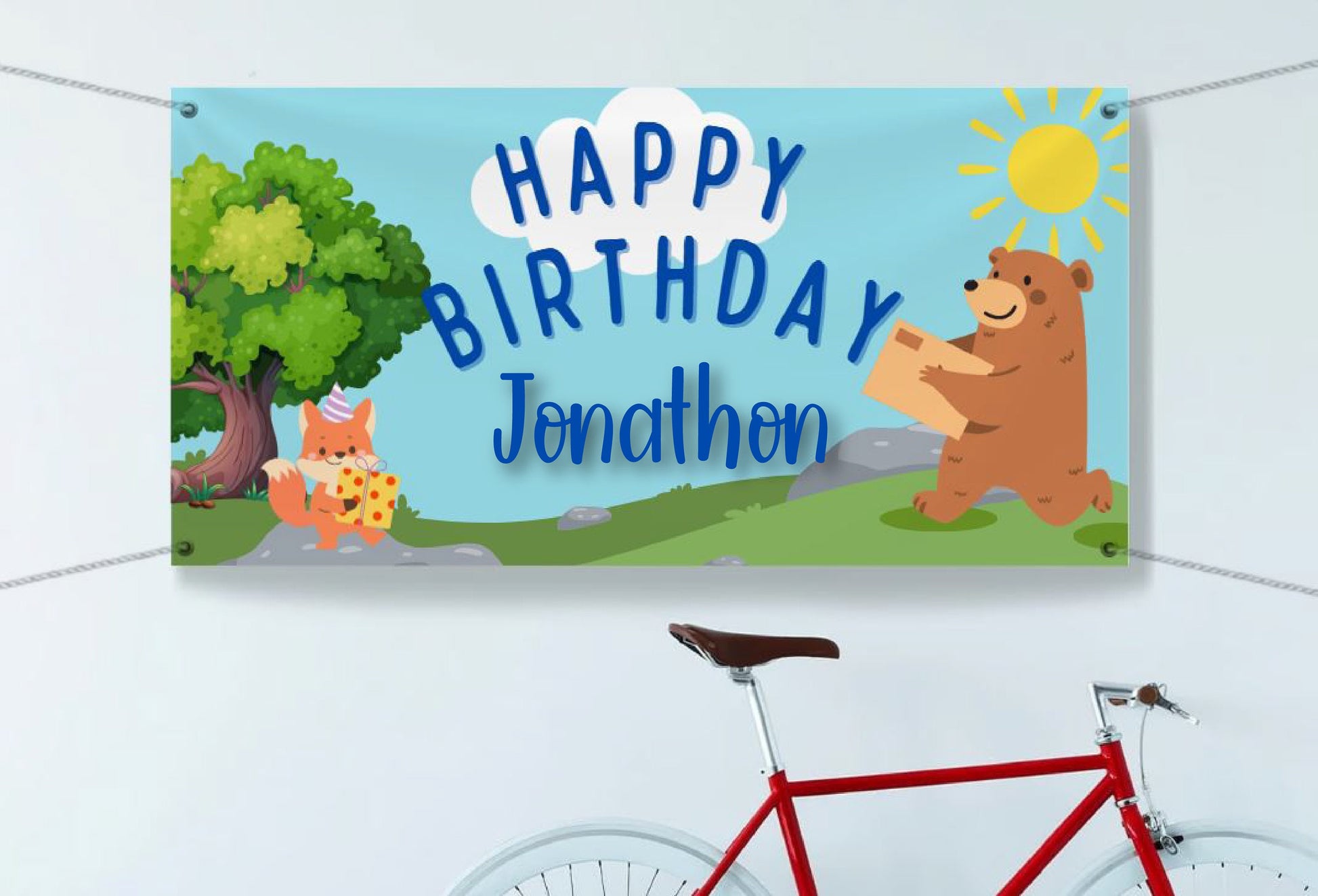 Custom Birthday Banner Personalized with Name, Blue, Green, Woodland Creature Theme bday Banner, for Children, Indoor Outdoor Use, Reusable