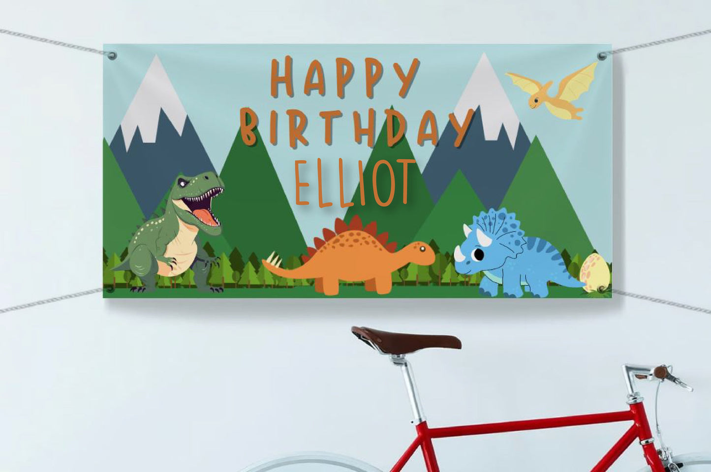 Custom Birthday Banner with Name for kids, Dinosaur & Mountain bday Banner, Personalized for Children, Indoor Outdoor Use, Reusable