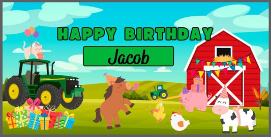 Personalized Birthday Banner with Farm Animals & Tractor, Custom Kids Happy Birthday Party Decor with Name, Indoor or Outdoor, Reusable