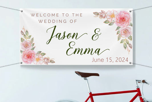 Custom Wedding Welcome Banner, Personalized Wedding Sign with Names & Date, Elegant Floral Decor, Pink, Green, Indoor or Outdoor Reception