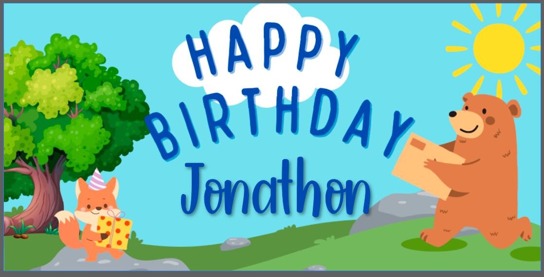 Custom Birthday Banner Personalized with Name, Blue, Green, Woodland Creature Theme bday Banner, for Children, Indoor Outdoor Use, Reusable