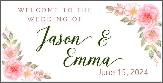 Custom Wedding Welcome Banner, Personalized Wedding Sign with Names & Date, Elegant Floral Decor, Pink, Green, Indoor or Outdoor Reception