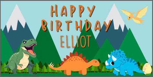 Custom Birthday Banner with Name for kids, Dinosaur & Mountain bday Banner, Personalized for Children, Indoor Outdoor Use, Reusable