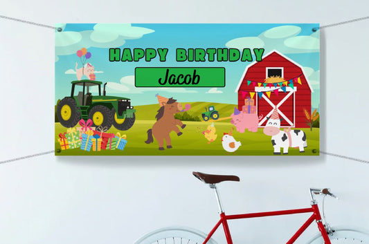 personalized farm animal & tractor happy birthday banner with name. styled for kids party decor