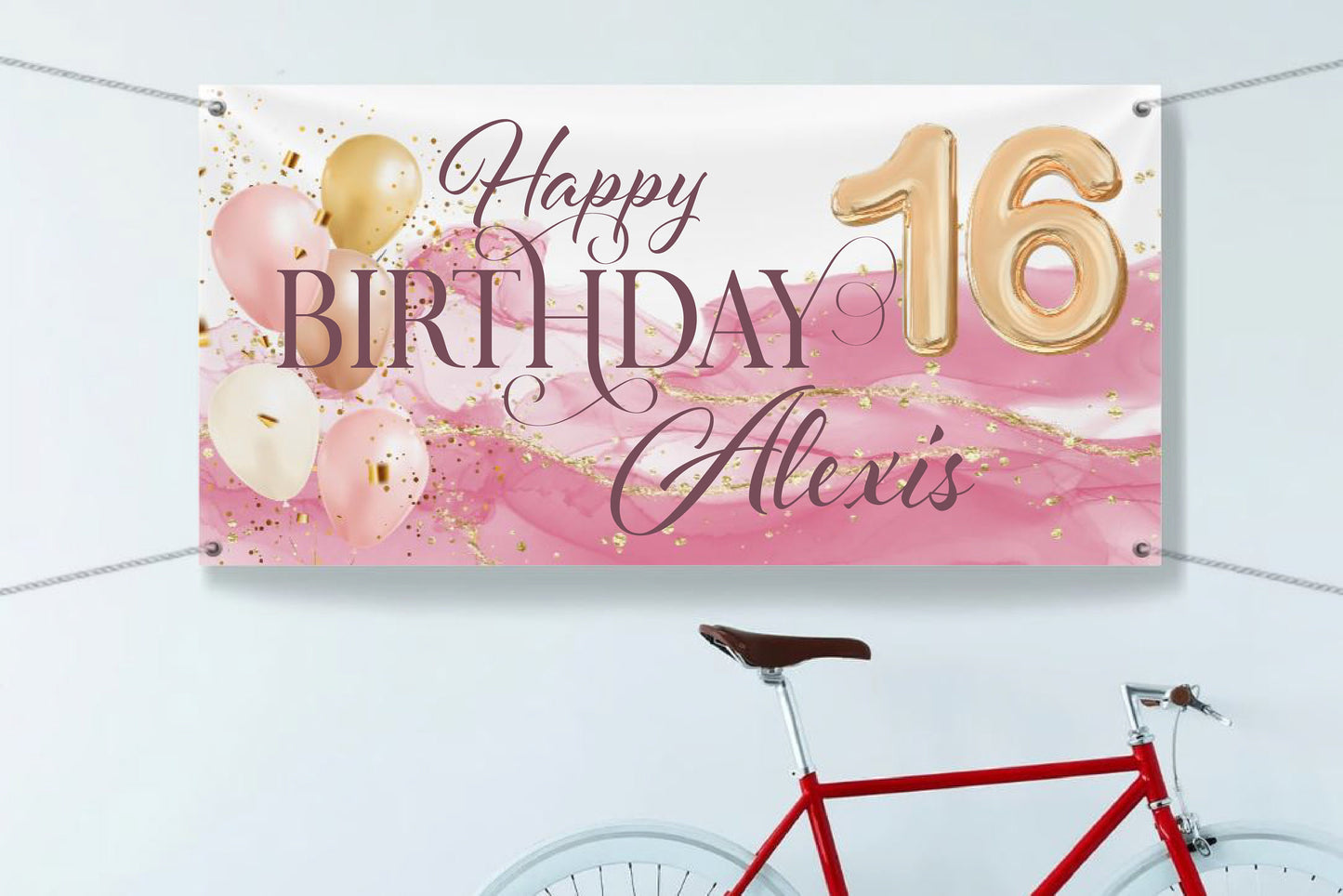 sweet sixteen girl birthday banner, pink & gold, glitter sparkles, 16 balloon