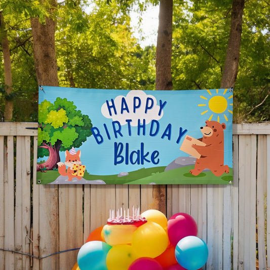 Personalized birthday party banner for kids, blue theme with woodland animals. custom bday banner says happy birthday with child&#39;s name