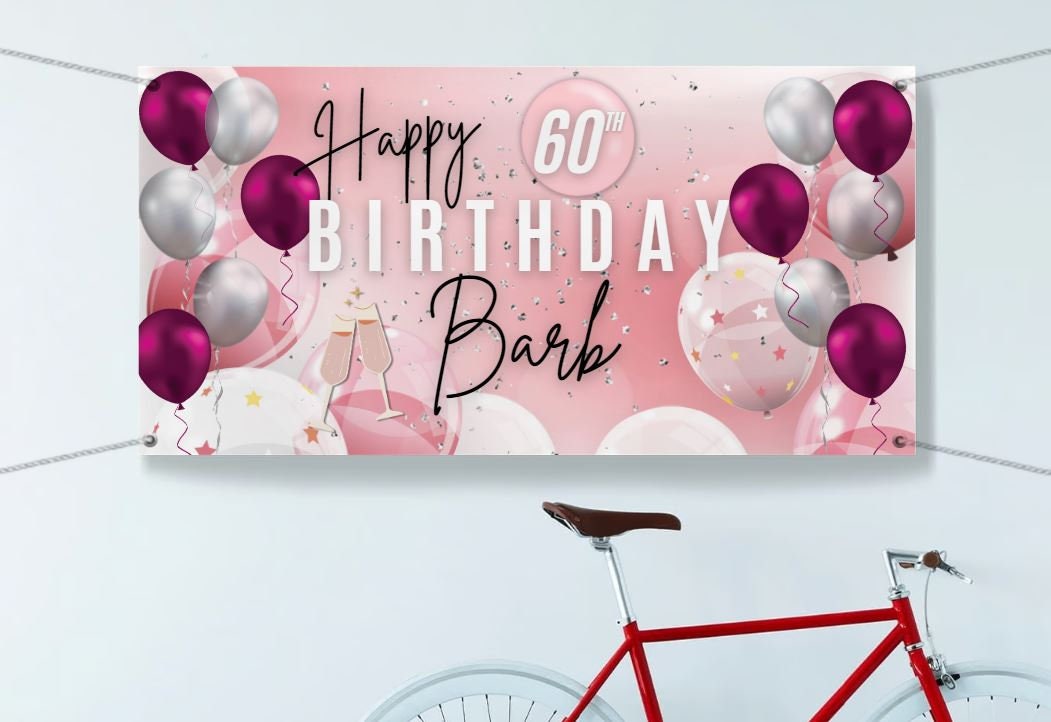 Custom Birthday Banner Personalized with Name, Pink Silver White Theme, Happy 60th Birthday Sign, Indoor Outdoor, Milestone For her