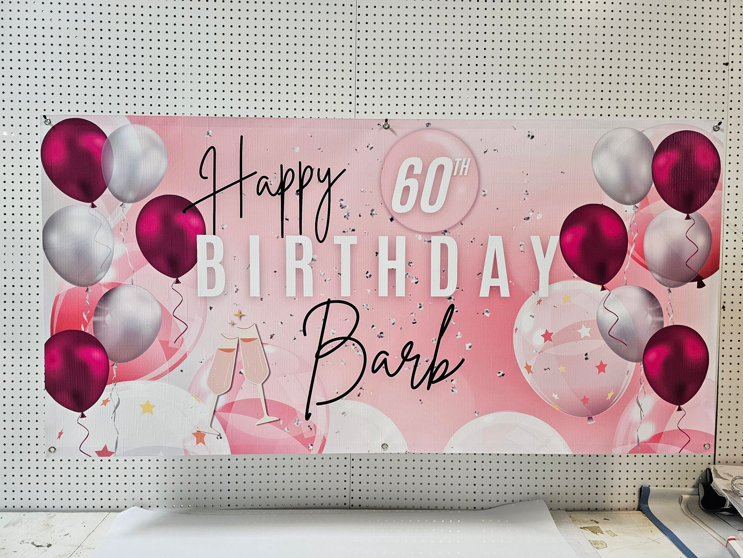 Custom Birthday Banner Personalized with Name, Pink Silver White Theme, Happy 60th Birthday Sign, Indoor Outdoor, Milestone For her