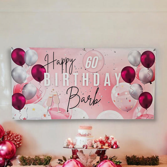 Pink Birthday Banner with light pink & blush pink tones, light silver balloons on each side along with dark pink balloons, black letters for personalized name and happy. white 60th and birthday lettering