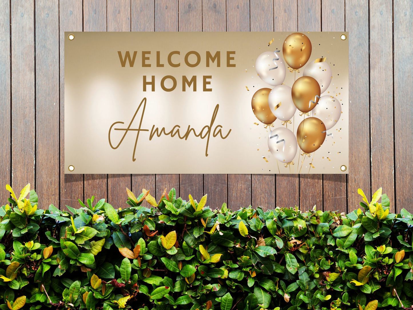 custom welcome home banner, personalized with name. gold accents gold theme and balloons