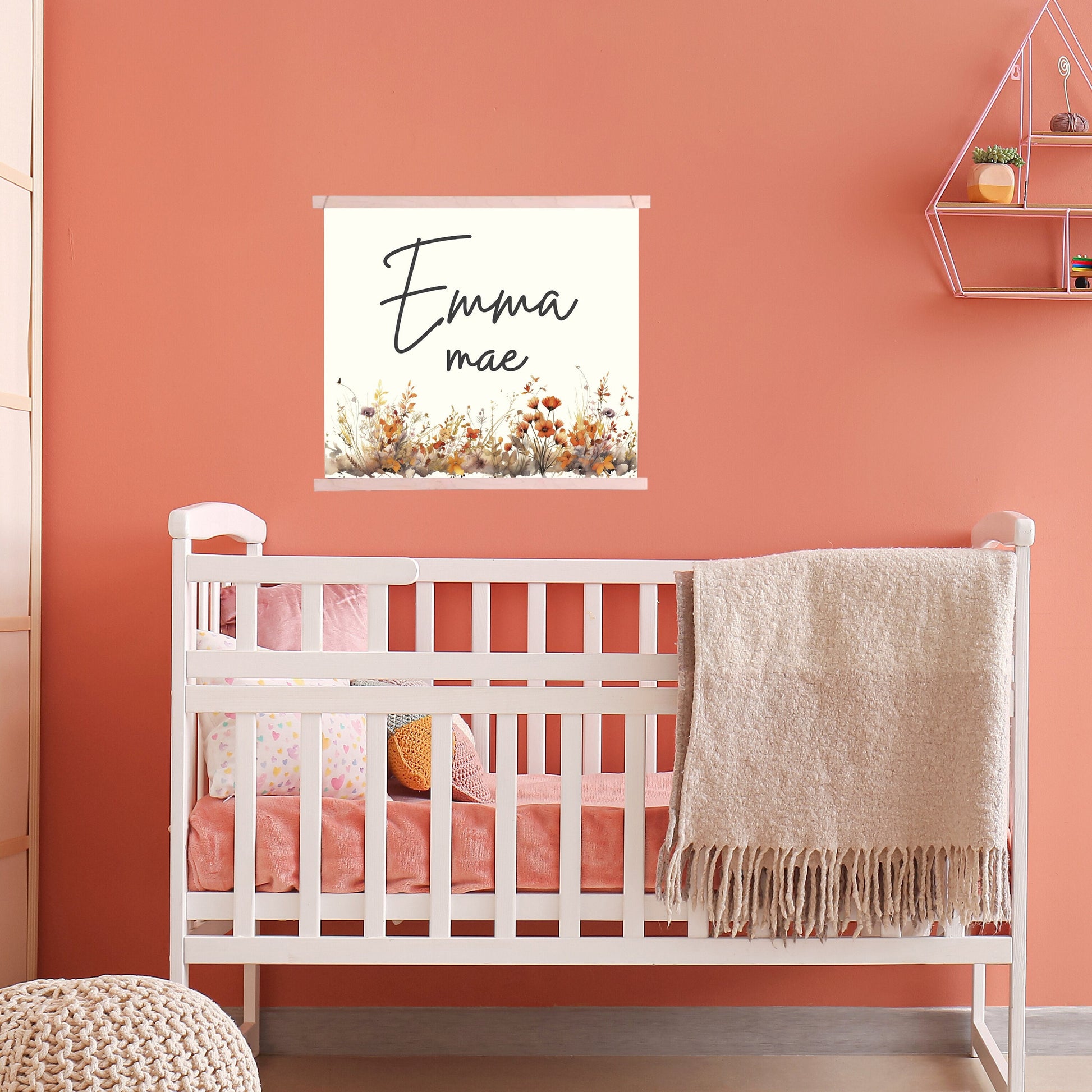 Custom Nursery Name sign on Canvas print, floral, first and middle name printed with floral bottom, wood top &bottom frame hung from rope or double sided mounting tape