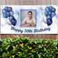 Custom Birthday Banner, navy blue balloons with white base, & navy blue accents, on bottom it says happy birthday with personalized age & name, optional. photo is centered in middle of banner.