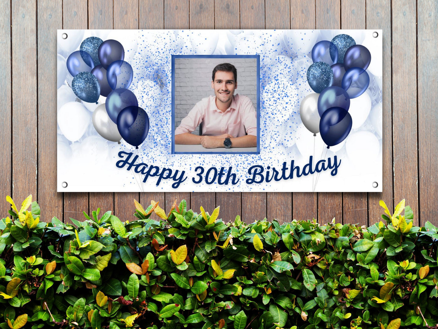 Custom Birthday Banner, navy blue balloons with white base, & navy blue accents, on bottom it says happy birthday with personalized age & name, optional. photo is centered in middle of banner.