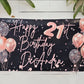 custom happy 21st banner with rose gold accents, sparkles, balloons, with black background. personalized with name and age, sign reads happy birthday with age & name on bottom