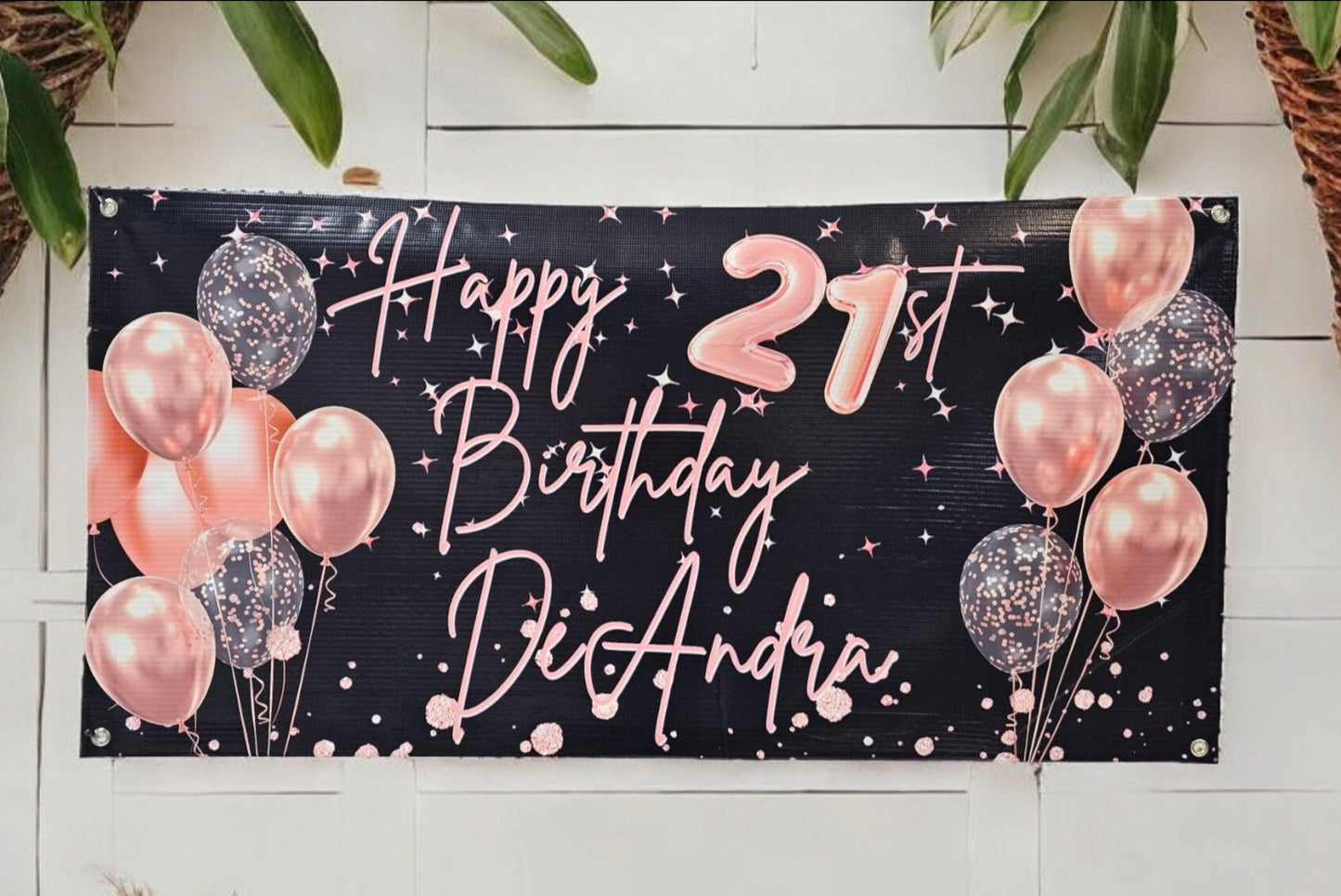 custom happy 21st banner with rose gold accents, sparkles, balloons, with black background. personalized with name and age, sign reads happy birthday with age & name on bottom