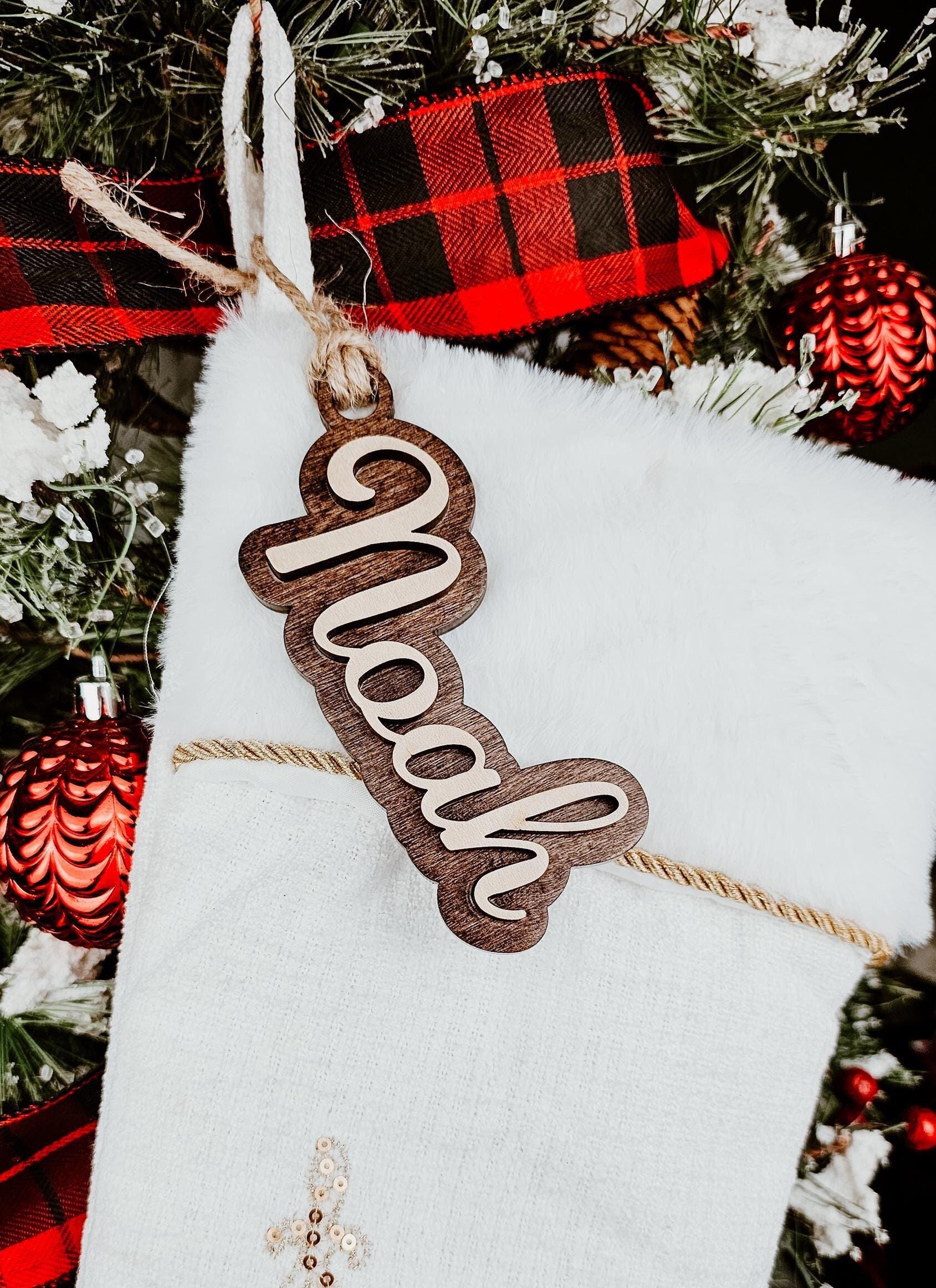 custom christmas stocking name tags, personalized with kids name. gift tags for stocking or presents, double layer, 3d wooden name cutouts, small